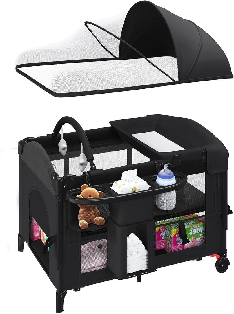 5-in-1 Baby Bassinet Bedside Sleeper with Swing Tube Converts to Cradle, Baby Crib with Mattress, Detachable Diaper Changer, Mosquito Net and Toy - Black