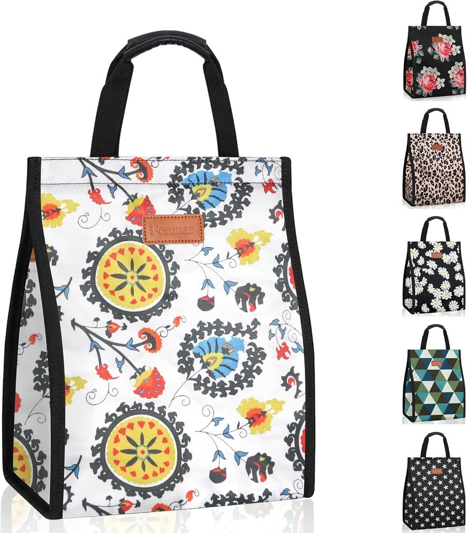 Lunch Bags for Women Insulated Reusable Lunch Tote with Internal Pocket, Lunch Tote bag for Work (Colorful Flowers) (1 pack)