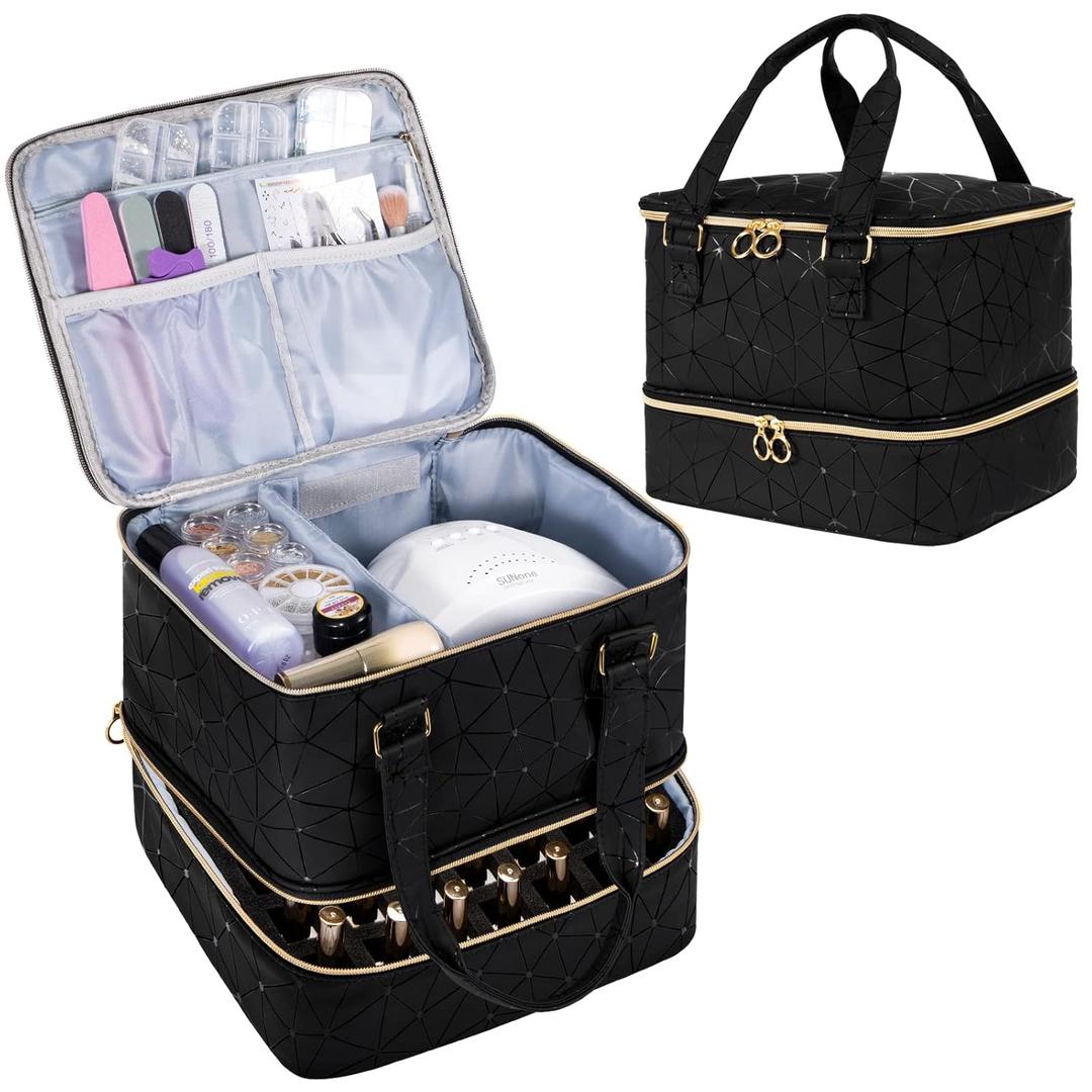 Uross Nail Polish Organizer Bag Holds 42 Bottles Nail Polish & Nail Lamp, Gel Nail Polish Organizers and Storage box for Nail Tech, Nail Kit Supplies Organizer Case - Black (Large - 11 x 9.5 x 9.5 Inch (42 bottles))
