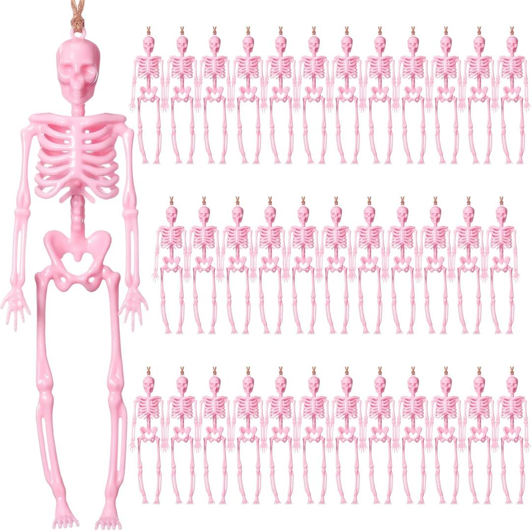 Roowest 36 Pcs Mini Skeleton Figurines Bulk, 6.7" Pink Halloween Skeletons Decor Small Plastic Hanging Skeletons for Halloween Craft Graveyard Haunted House Accessories Party Decor