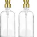 2 Pack Thick Clear Glass Pint Hand Soap Dispenser Bathroom with Gold Stainless Steel Pump, 16ounce Clear Boston Round Bottles Dispenser with Rustproof Pump for Kitchen Dish, Lotion Soap