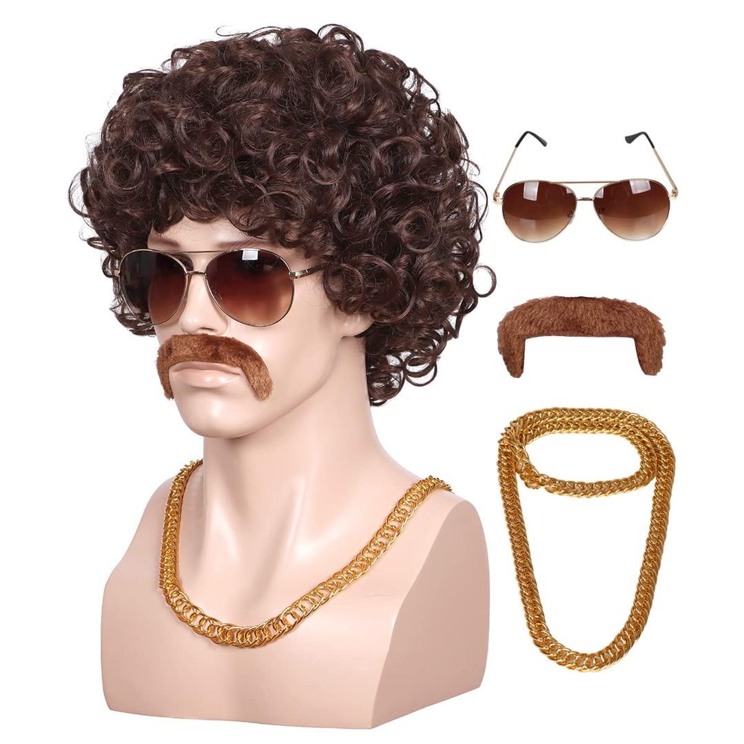 ColorGround 3-Pieces Chain and Moustache and Short Curly Wig for 70'S Disco Party (Brown Curly (4 Pieces Set)