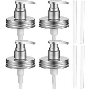 Amolliar Plastic Mason Jar Soap Dispenser Lids - Universal Pump Replacement for Regular Mouth Jar Farmhouse Decor for Kitchen, Bathroom, Dish Soap, Lotions, Hand Soap (4 Pack, Silver)