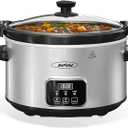 Sunvivi 4QT Programmable Slow Cooker with Locking Lid, Removable Ceramic Pot, 3 Heating Settings & Timer, Dishwasher-Safe, Stainless Steel Silver