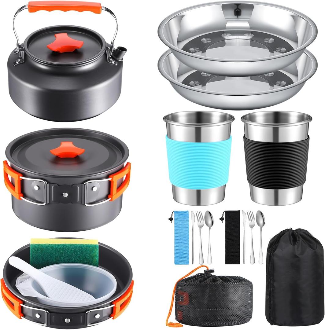 Soulchen 25 Pcs Camping Cookware Mess Kit Camping Pots and Pans Set with 2 Set Stainless Steel Cups Plates Forks Knives Spoons for Camping, Backpacking, Outdoor Cooking and Picnic