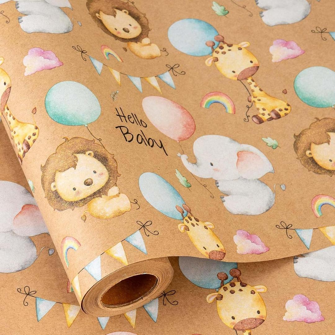 Retrify Baby Shower Kraft Wrapping Paper, 17 Inch x 32.8 Feet Cute Lion Elephant Themed Colorful Balloon Rainbow Gift Wrap with Grid Cutting Lines for Boy Girl Kid Birthday (1 roll (Pack of 1), Brown Animals)