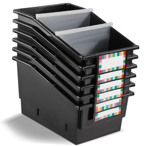 6 Pack Picture Book Bins with Dividers Plastic Book Holders with Labels Stackable Classroom Organization Bins Magazine File Binder Holder Storage Container for Classroom Library Home Office(Black)