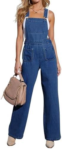 POTILI Women Denim Overalls Bib Baggy Overall Jumpsuit Straight Wide Leg Stretchy Jean Pants Fashion 2025 M/L
