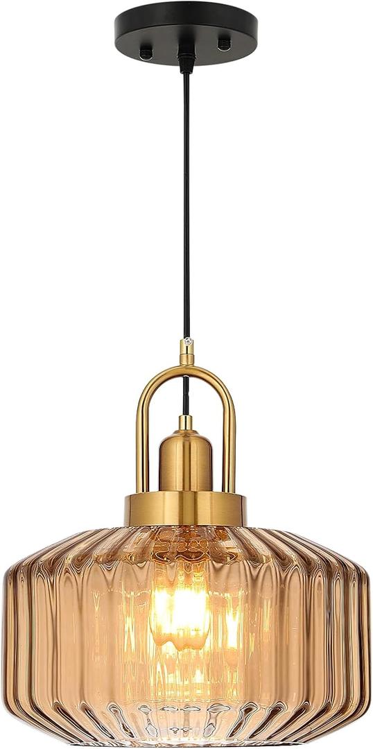 11.8in Mid Century Modern Amber Glass Pendant Light Fixture, Large Gold Kitchen Island Pendants Light Glass Ceiling Hanging Lamp for Foyer Dining Room Bedroom Entryway Hallway Over Sink