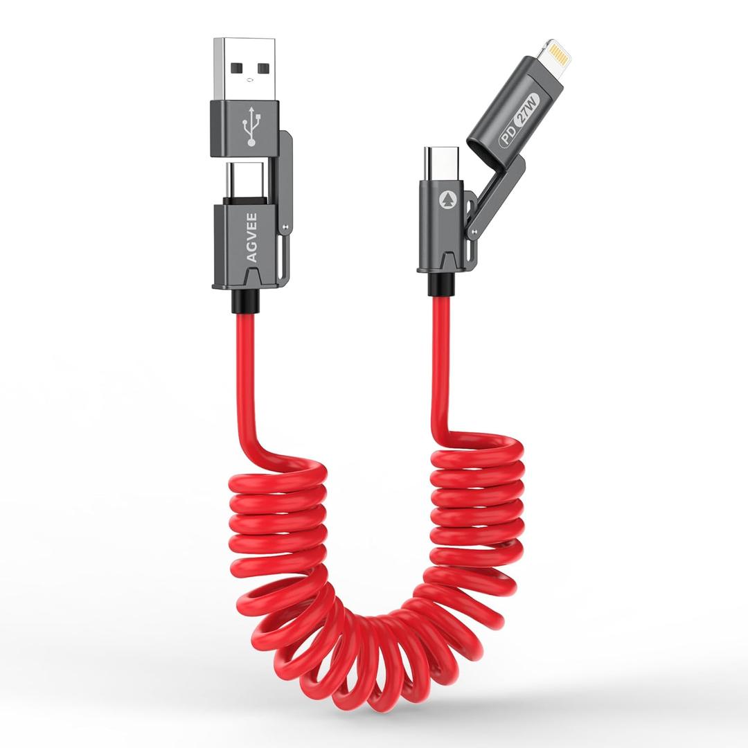 AGVEE 3ft 4-in-1 Coiled Multi USB C Charging Cable, Secure-Slide No-Loss Adapters, Slim Tips Fit Thick Cases, Lightning End Reinforced, PD 60W for iPhone Carplay, Samsung, iPad, Red