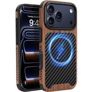 Magnetic Case Compatible with iPhone 17 Pro Max Case [Compatible with MagSafe] Wood and Leather Carbon Fiber Design Hybrid Shockproof Phone Case 6.9" (Black)