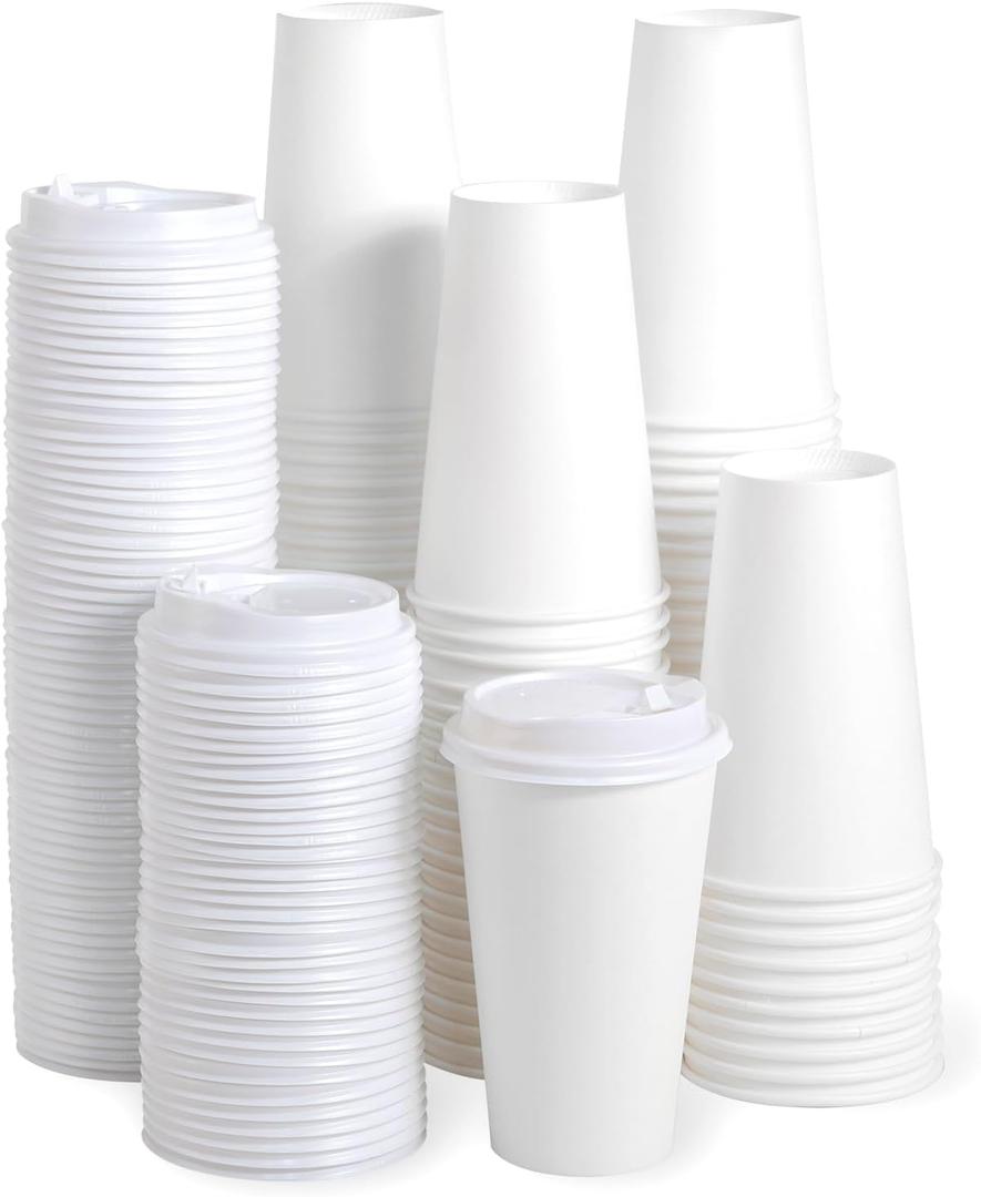 JOLLY PARTY [100 Pack] 16 oz Paper Coffee Cups, Disposable Paper Cup with Lids, Hot/Cold Beverage Drinking Cup for Water, Juice, Coffee or Tea, Suitable for Home, Shops and Cafes (White)