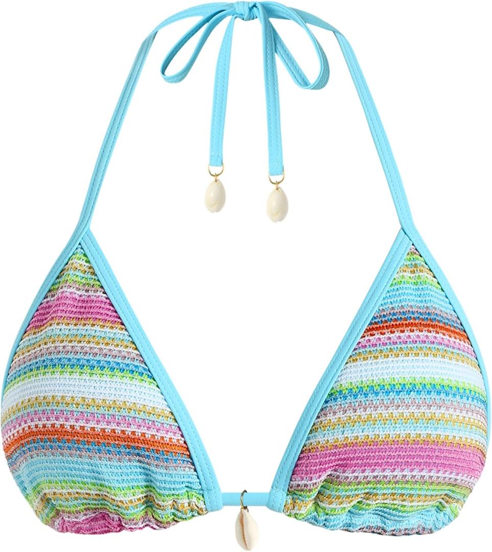 ZAFUL Womens Colorblock Stripes Triangle Halter Tied Swimsuit Bikini Top Bathing Suits Top (Medium, Blue168)