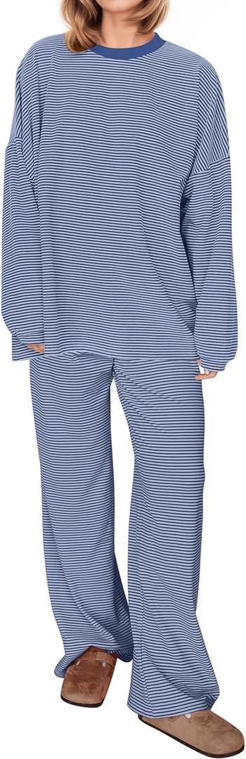 MISSACTIVER Women's 2 Piece Striped Lounge Set Long Sleeve Oversized T-Shirt Wide Leg Pants Matching Pajamas Set (Dark Blue)