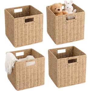 11 inch Cube Storage Bins, Wicker Storage Baskets for Organizing Foldable, 11x11x11inch Square Handwoven Cubby Organizer Bins, Large Collapsible Basket for Shelf Bedroom Living Room, 4 Pack