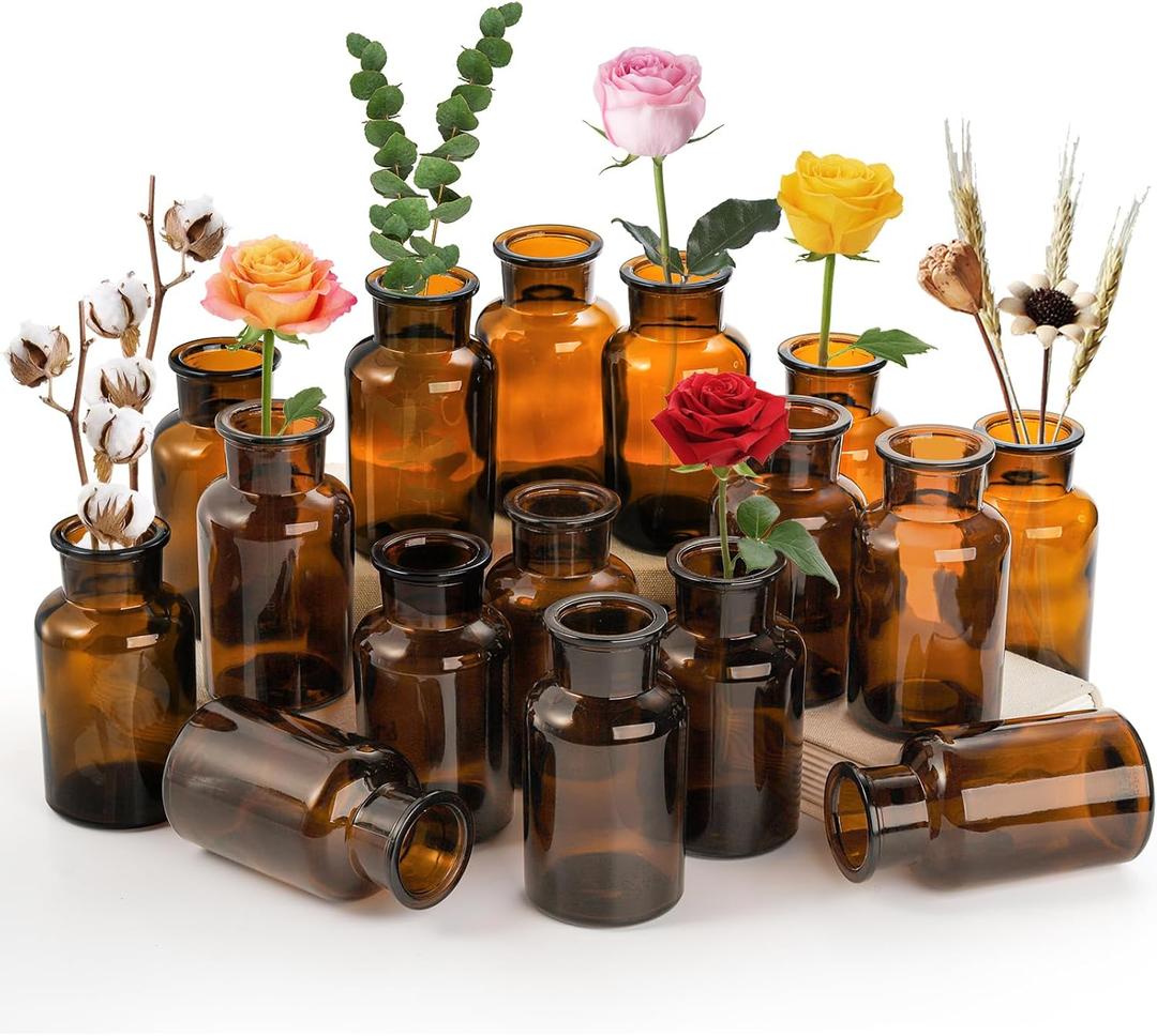 TOPZEA Set of 16 Amber Glass Bud Vases, 8.5 oz Small Brown Bud Vase Bulk Boho Glass Vase Decorative Medicine Bottle Vintage Apothecary Jar for Flower, Wedding Reception, Table Centerpieces, Home Decor