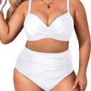 Aqua Eve Women Plus Size Underwire Bikini Two Piece Swimsuit High Waisted Tummy Control Bathing Suit (White) 12 W
