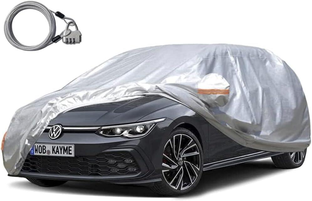 Kayme Hatchback Car Cover for Automobiles All Weather Waterproof, Outdoor Cover Sun Rain Protection, with Lock and Zipper Door, Universal Fit Ford Focus, VW Golf, Mazda 3 Hatchback (Up to 177 Inch) H7 (Silver)