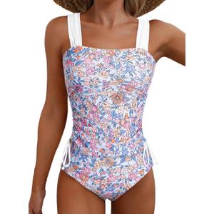 Aleumdr Womens Retro Ruched Two Piece Strappy Tummy Control Swimwear Tie Side Tankini Bathing Suit Set (X-Large, Floral Pink)