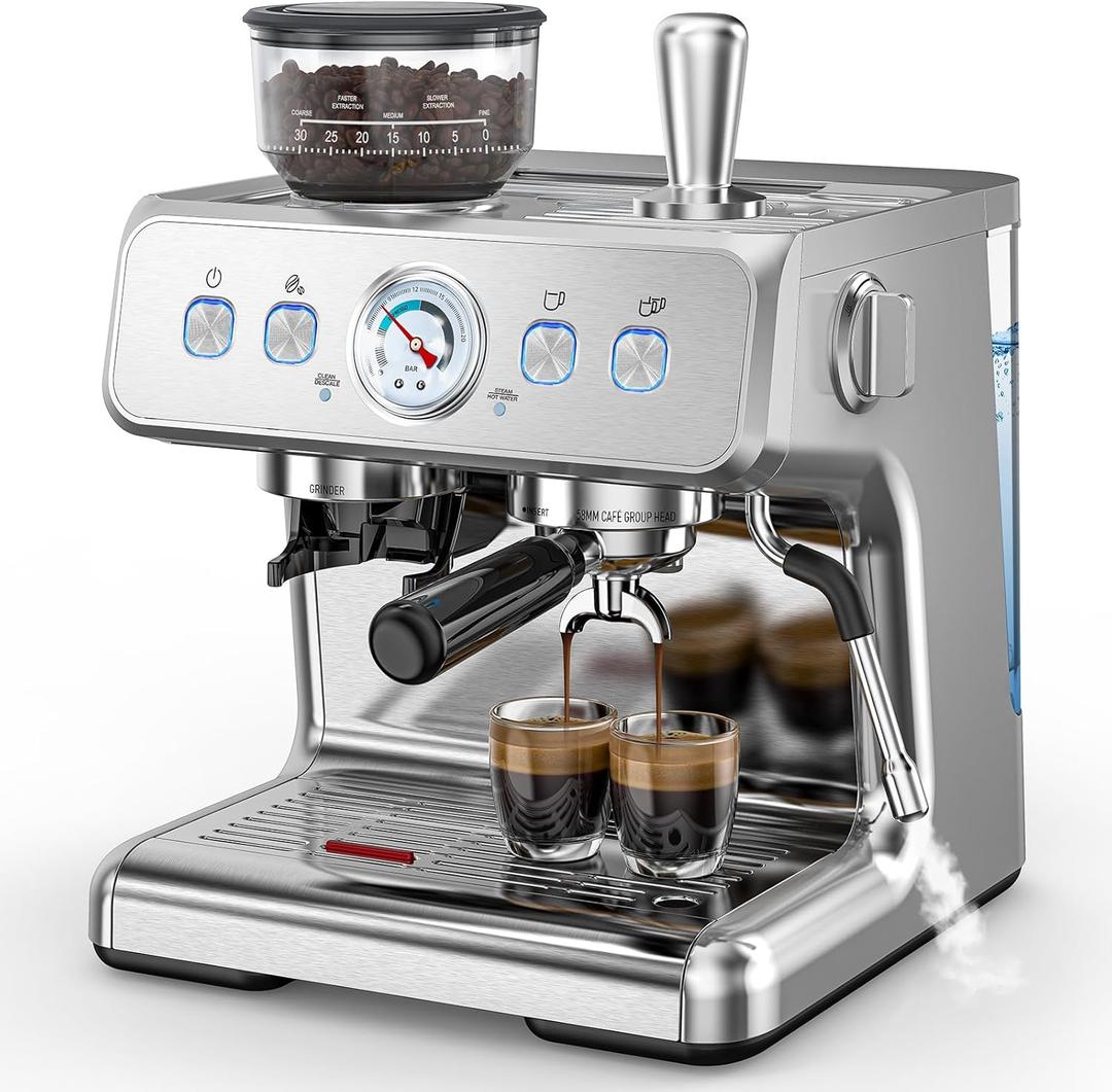 COWSAR 20 Bar Espresso Machine with Grinder & Milk Frother Steam Wand, 58mm Expresso Coffee machines, Commercial Stainless Steel Coffee Maker for Cappuccino and Latte, Perfect for Home Caf-Stainless