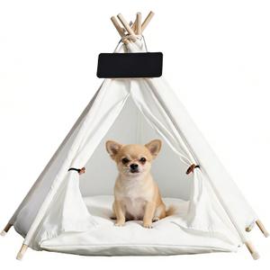Pet Tent/Tipi for Cats & Dogs - Washable Canvas, Foldable Pet Teepee with Anti-Slip Base & Detachable Cushion | Indoor/Outdoor Safe Shelter for Pets Up to 66lbs-White-M