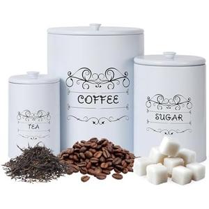 GarveeHome Country White Canisters Set of 3, Rustic Farmhouse Metal Containers with Airtight Lids, Kitchen Storage Canisters for Coffee, Sugar, Tea for Kitchen, Pantry Countertop