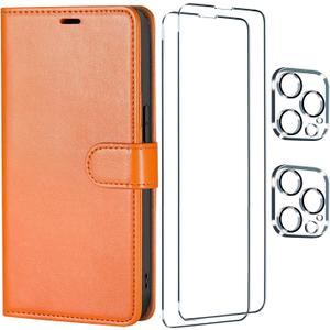 [5 in 1 for iPhone 14 Pro Wallet Case with Card Holder, PU Leather RFID Blocking Stand Cover Magnetic Case with 2 Screen Protector and 2 Camera Lens Protector, Shockproof Flip Phone Case Orange