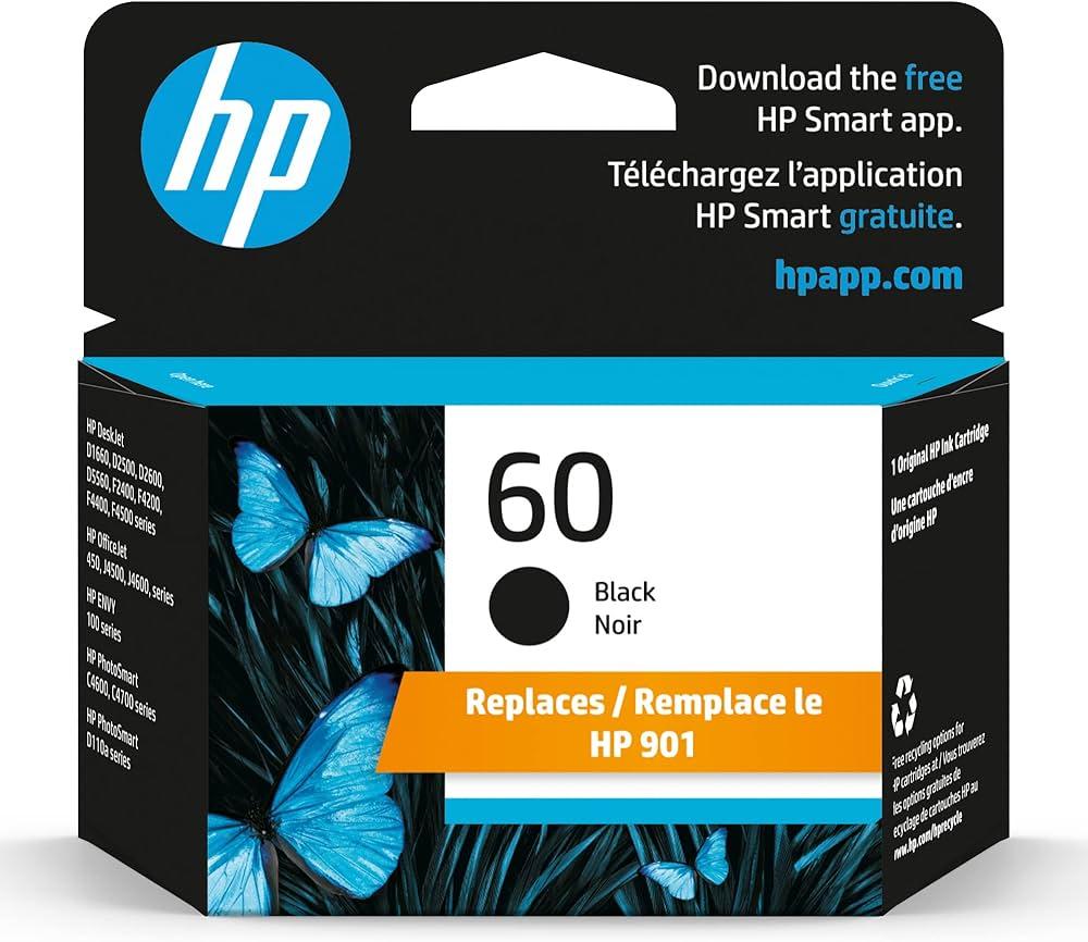 HP Original 60 Black Ink Cartridge | Works with DeskJet D1660, D2500, D2600, D5560, F2400, F4200, F4400, F4580; ENVY 100, 110, 120; PhotoSmart C4600, C4700, D110a Series | CC640WN