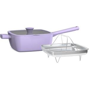 So Yummy by bella 3 Piece Square Pan Set, Aluminum Cookware Set w EverGood Ceramic Nonstick Coating, Dishwasher Safe Silicone & Glass Lids, Oven Safe & All Stovetop Compatible, 4.5Qt, Lavender