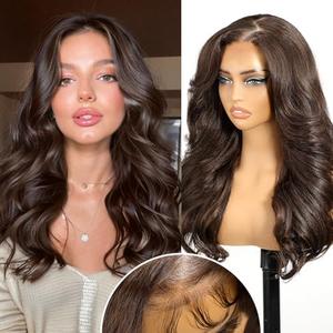 KOME Natural Brown Synthetic Lace Front Wig, 5×5 Body Wave Pre Plucked Glueless Wigs for Women Daily Use 22IN