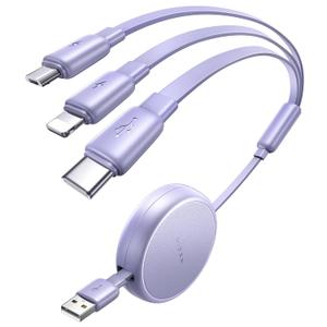 LISEN 3 in 1 Retractable Car & iPhone Charger Cord, Type C/L/Micro USB for iPhone/Samsung/PS/Kindle, Purple