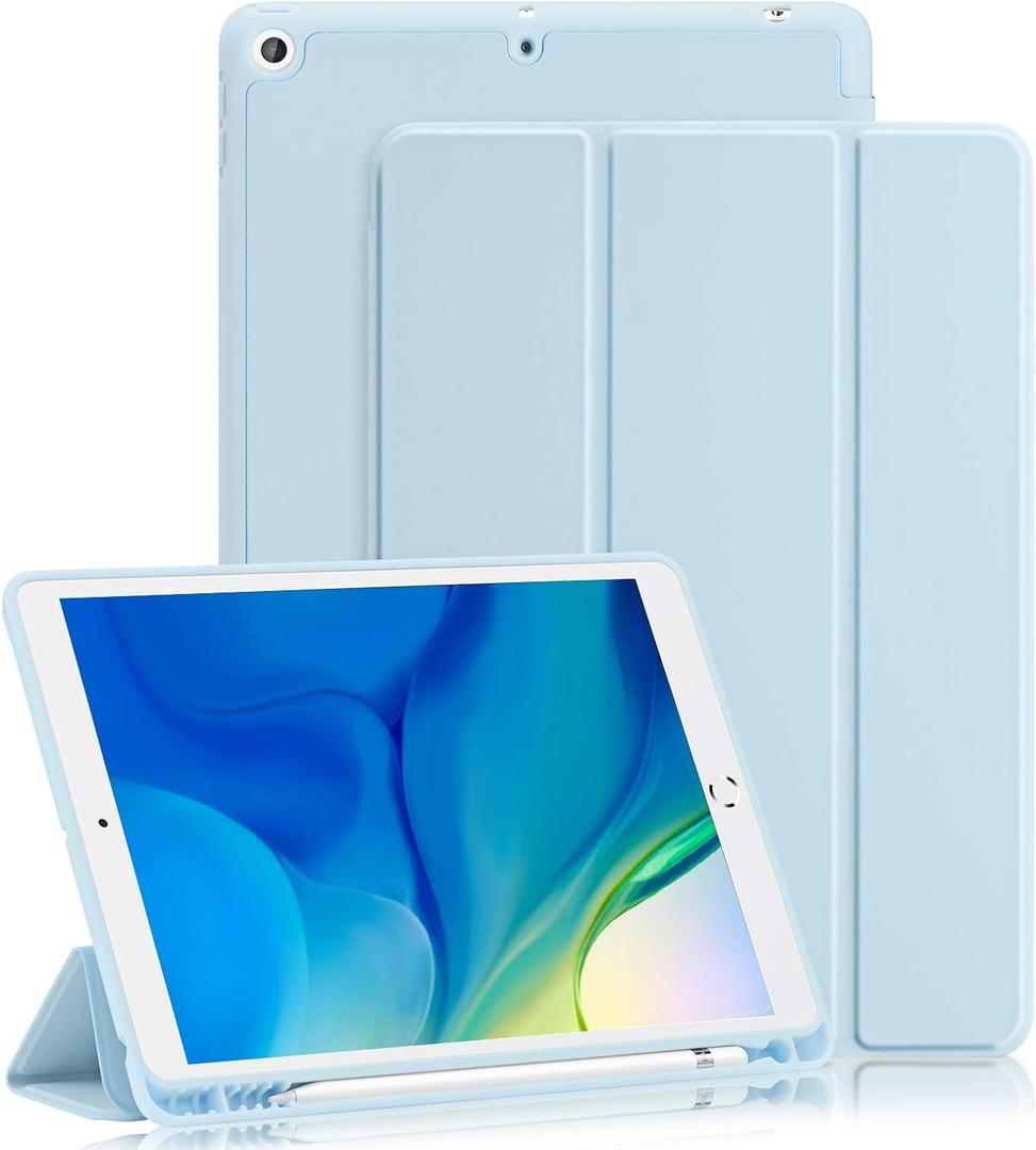 GHINL for iPad 9th/8th/7th Generation Case (2021/2020/2019) iPad 10.2-Inch Case with Pencil Holder [Sleep/Wake] Slim Soft TPU Back Smart Magnetic Stand Protective Cover Cases(Sky Blue)