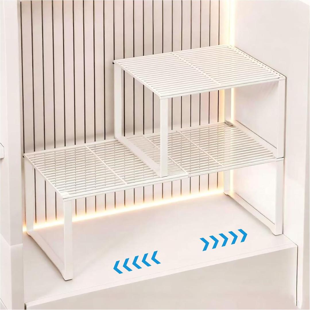 Extendable Metal Wire Shelf Organizer - Adjustable 15-24.4in Length, Stackable Storage Rack for Kitchen/Pantry/Bathroom/Shoe Cabinet/Tool Closet (2, White)
