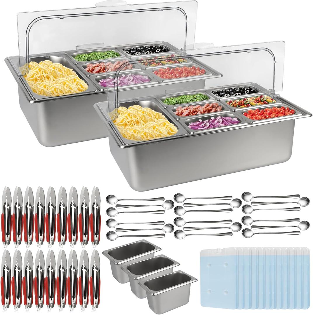 Lanstics 2PCS Pizza Topping Station 10 Pans Stainless Steel Spice Organizer Salad Bar Buffet Station with Spoons Ice Boxes Buffet Containers Set for Sauce Jam Ingredient Kitchen Restaurant Pantry
