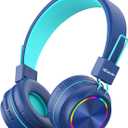 iClever BTH03 Kids Bluetooth Headphones, Colorful LED Lights, 35H Playtime, Bluetooth 5.4, Type C Fast Charging, Safe Volume, Stereo Sound Mic, On Ear Kids Wireless Headphones for iPad Airplane, Blue