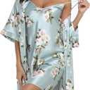 Women's Satin Robe Set 2 Piece Pajama Sets Sexy Lingerie Robes Soft Sleepwear Silky Kimono Nightgown with Camisole (Aqua Floral),XL