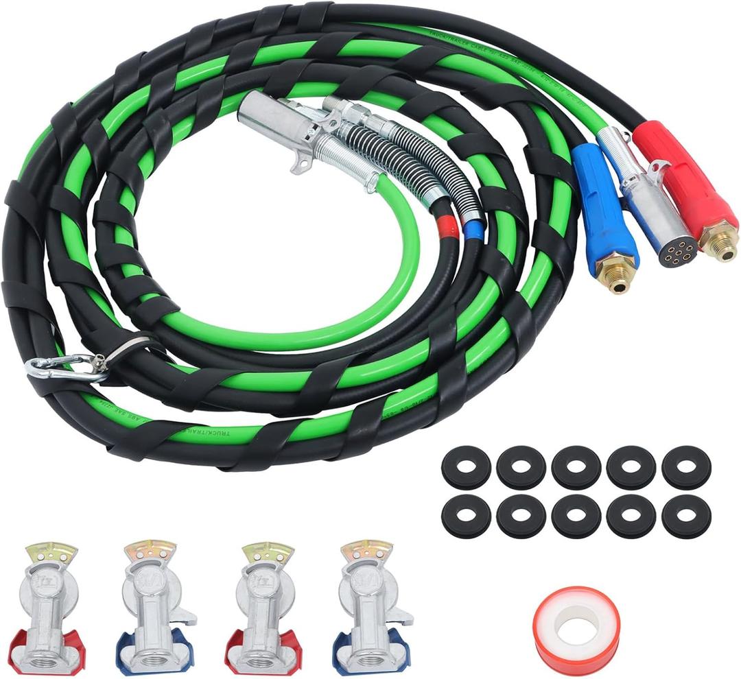 WFLNHB 15 Ft 3 in 1 Air Line Hose Kit Heavy Duty Wrap 7 Way ABS Power Cord Airlines Assembly with Teflon Tape for Semi Trucks Tractor Trailer
