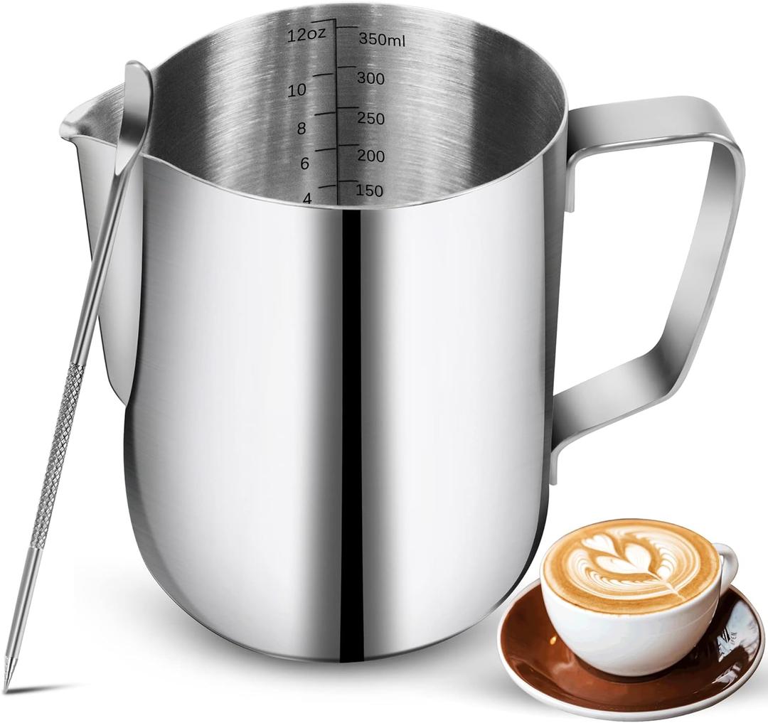 Milk Frothing Pitchers-12oz/350ML Stainless Steel Steaming Pitchers, Scale Coffee/Milk/Cappuccino/Latte Art Barista Steam Pitchers, Milk Jug Cup with Decorating Pen-Silver