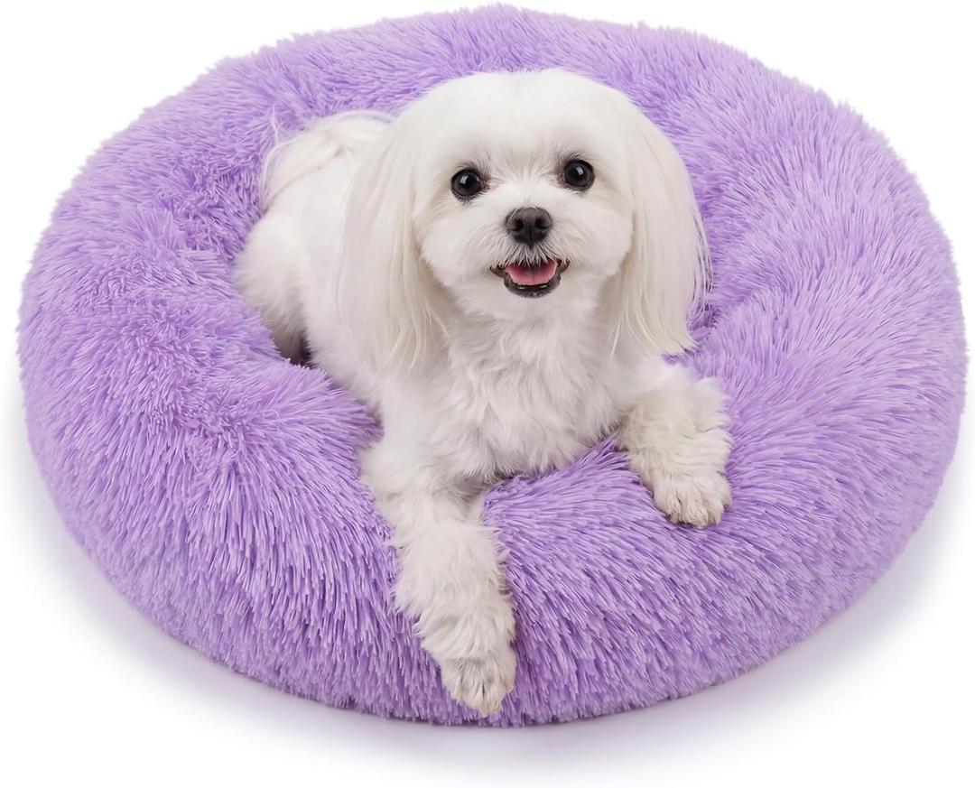 Calming Donut Dogs Beds for Small Dogs Washable,23inch Plush Round Pet Bed for Cozy Sleep,Fluffy Faux Fur Large Cat Bed,Fits up to 25 lbs Pets,Purple