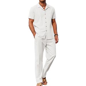 COOFANDY Men 2 Piece Linen Outfit Beach Button Down Shirt Casual Loose Pant Sets (White, L)