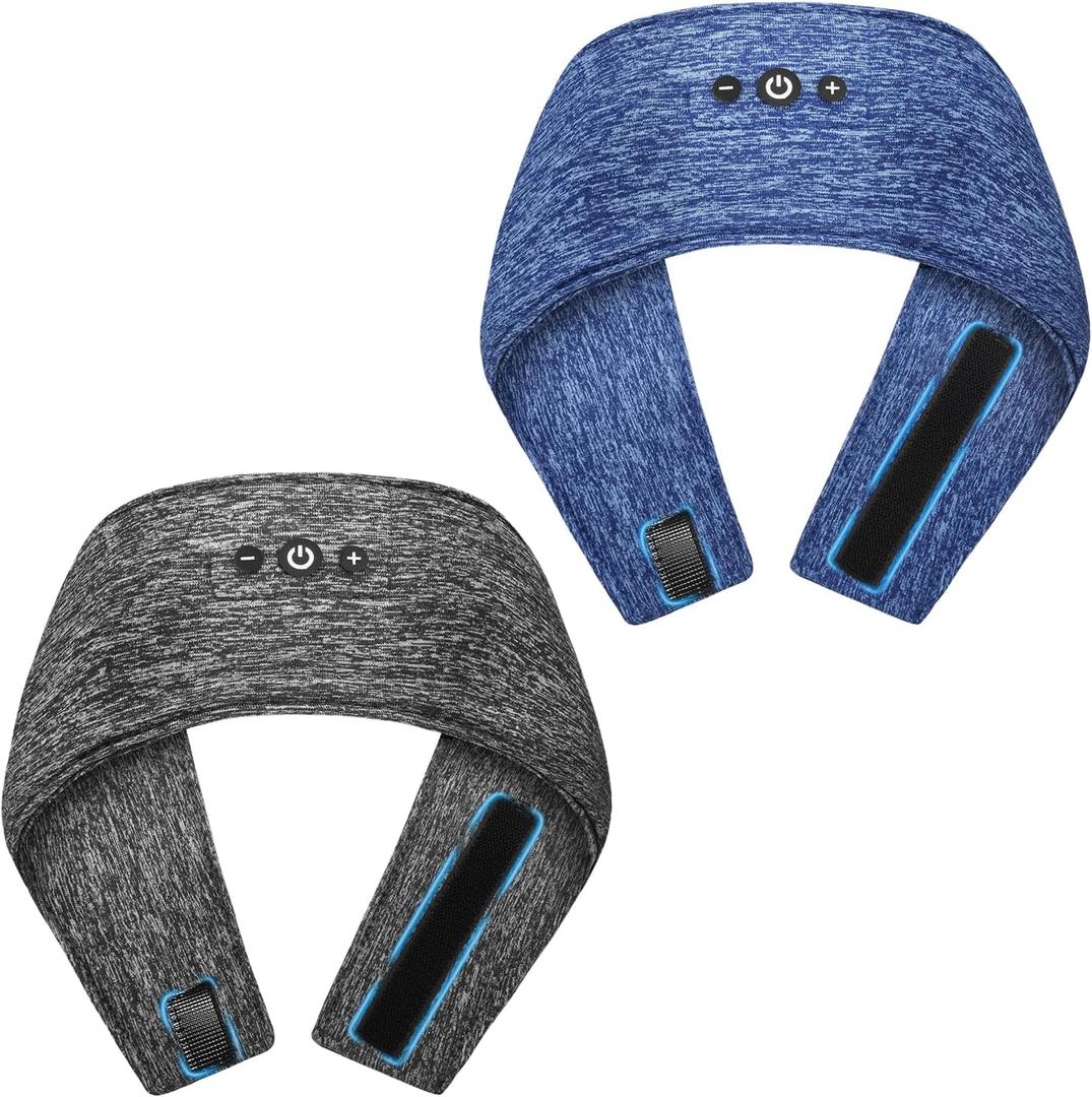 2-Pack Adjustable Sleeping Headphones, Hook-and-Loop Headband Headphones for Side Sleepers, Wireless Bluetooth Headband with Thin Speakers for Running, Sports, Travel, Workout - Blue&Gray