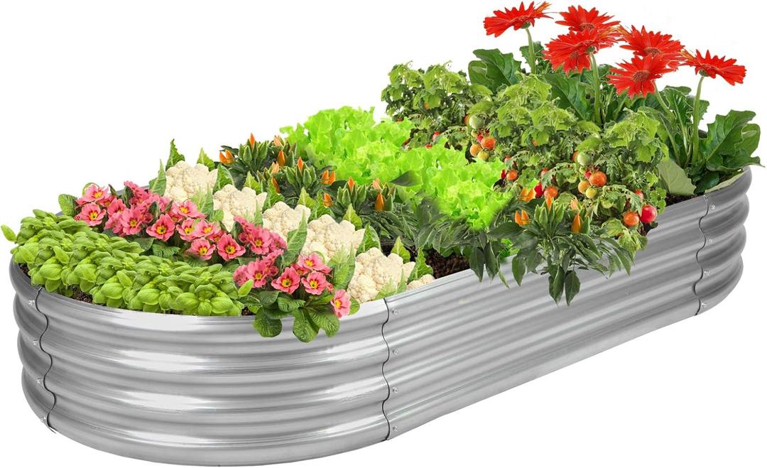 Raised Garden Bed Galvanized Planter Box Outdoor, 5ft Oval Large Rot-Resistant Metal Garden Bed Planter for Vegetables Flower Herb (Silver) (5 ft, 1- Silver)