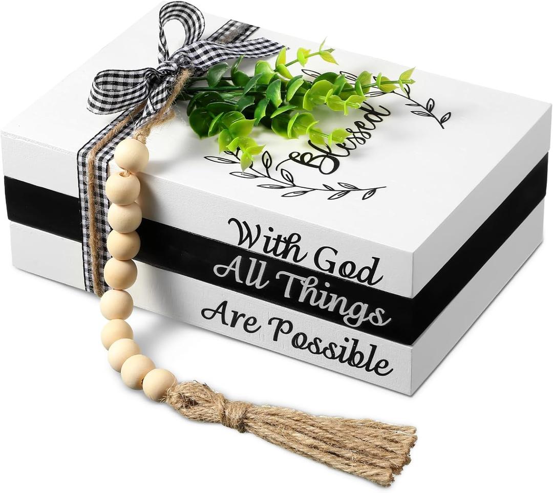 Capoda 3 Pcs Decorative Books for Home Decor Farmhouse Faux Stacked Books Wooden Rustic Table Decor with Bead Garland Twine Ribbon Faux Leaf for Table(Blessed)