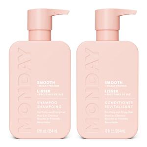 MONDAY HAIRCARE Smooth Shampoo + Conditioner Bathroom Set (2 Count) 12 oz Each For Frizzy, Coarse & Curly Hair Made with Coconut Oil, Shea Butter & Vitamin E 100% Recyclable Bottle Pink