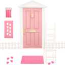 Tooth Fairy Door Kit Mini Wooden Tooth Fairy Door with Accessories Fairy Tale Education Learning Toy for Girls Dollhouse Mini Garden Decoration DIY Craft Activities (Pink)