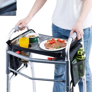 BAGSFY Walker Tray w/Side Pocket for Folding Walkers  Walker Accessory for Seniors with Cup Holder, Non-Slip Mat, and Easy Installation  Universal Fit Walker Table for Meals, Drinks, Reading (Black)