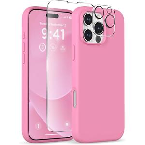 Magnetic for iPhone 16 Pro Case, Compatible with MagSafe, Liquid Silicone Phone Cover with Screen Protector & Camera Protector, Soft Anti-Scratch Microfiber Lining Inside 6.3", Tender Pink