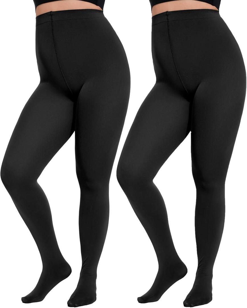Citystl 2 Pairs Plus Size Tights for Women, 80D Opaque Black Tights, Solid Color Soft Microfiber (X-Large-XX-Large Plus)