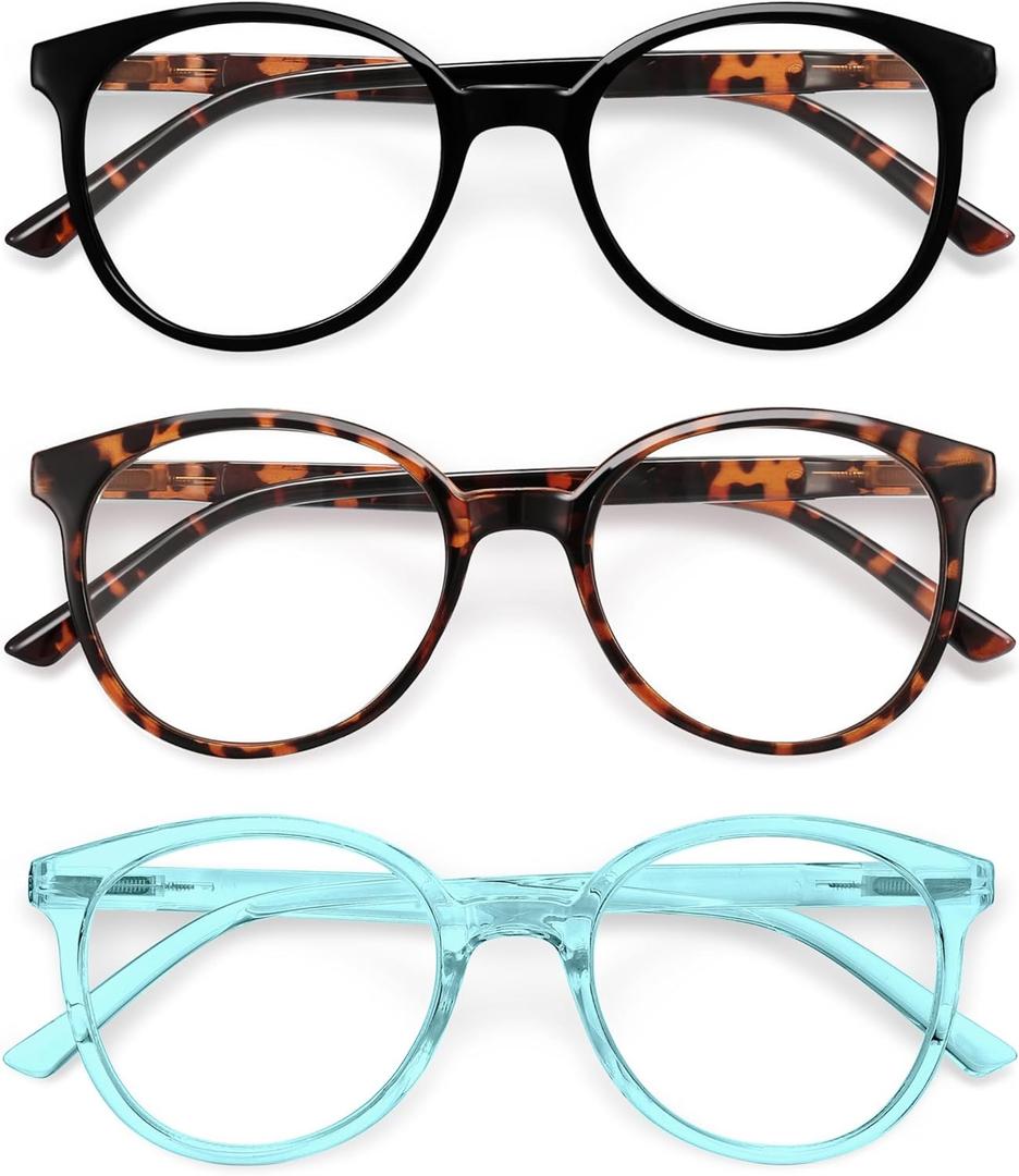 IBOANN Chic & Comfy Blue Light Glasses for Women - 3-Pack Round Frames, Screen-Ready Style with UV Protection Coating (A1 Leopard W Black Legs & Leopard & Iris Blue)