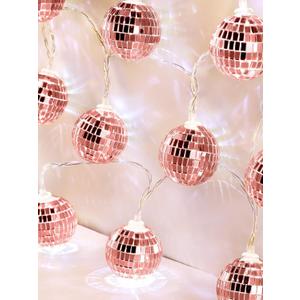 BBTO 20 LED 9.84 Feet Long Disco Ball String Light Battery Powered Mirror Balls Ornaments Mini Mirror Ball with String for 70s 80s Disco Party Supplies(Rose Gold,1.57 Inch)